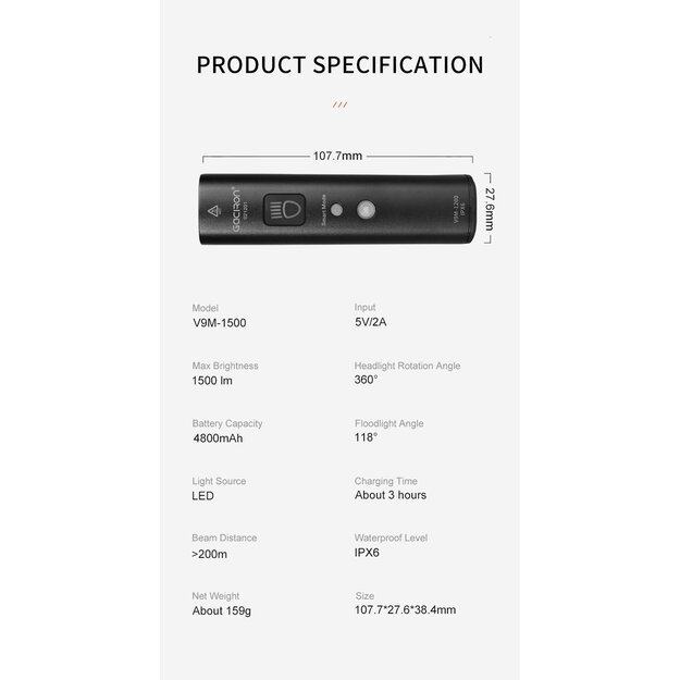 Priekinis dviračio žibintas GACIRON V9M-1500