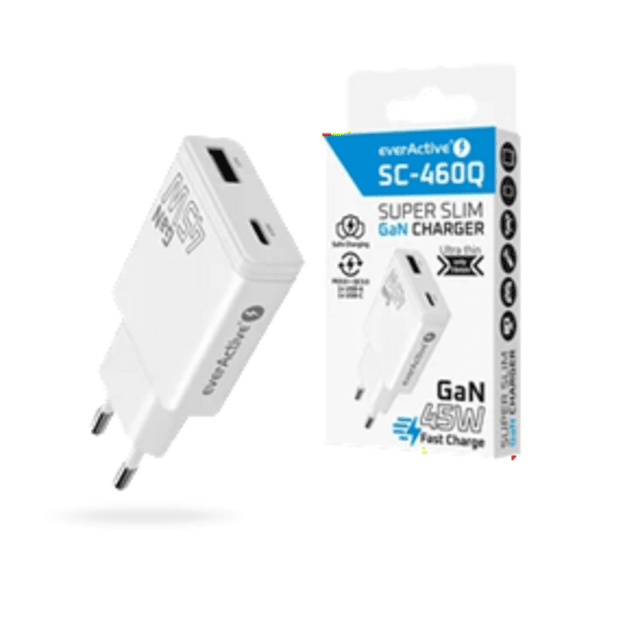Настенное зарядное устройство everActive GaN SUPER SLIM SC-460Q с портами USB QC3.0 и USB-C PD мощностью 45 Вт.