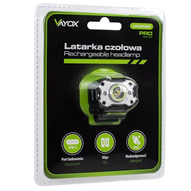 Vayox įkraunamas galvos žibintas 650lm 200mAh IPX4 VA0452
