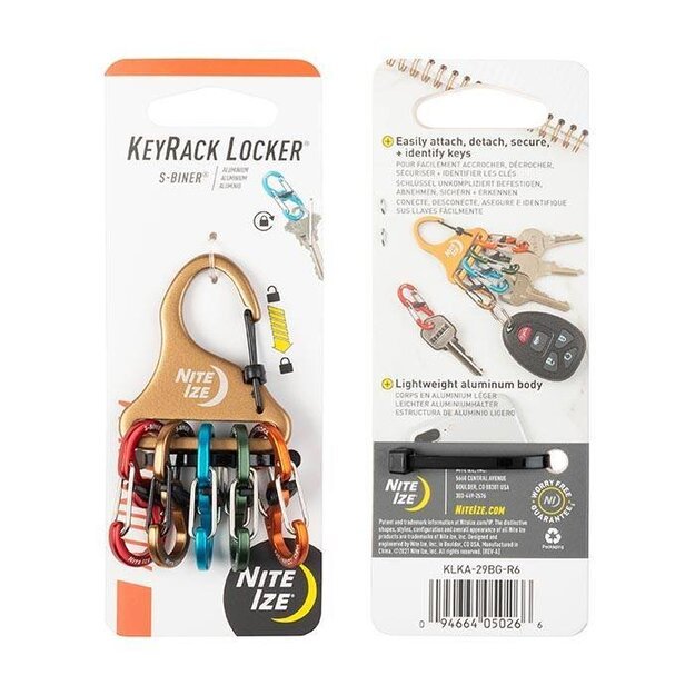 Nite Ize „KeyRack Locker S-Biner“ spalvotas raktų laikiklis su sagtimi ALIUMINIS – KLKA-29BG-R6