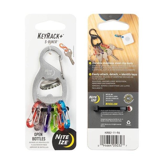 Nite Ize – KeyRack+ S-Biner – Nerūdijančio plieno raktų laikiklis su atidarytuvu – KRB2-11-R6