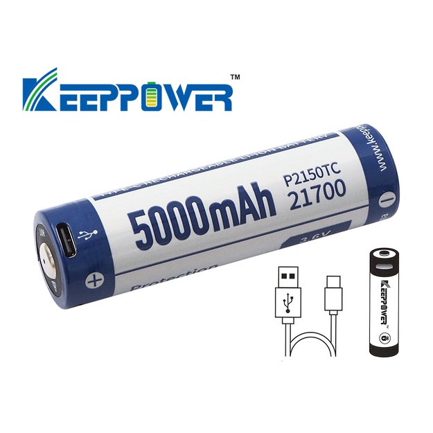 Keeppower 21700 - 5000mAh, Li-Ion 3.7V - 3.6V - PCB su apsauga ir USB-C P2150TC