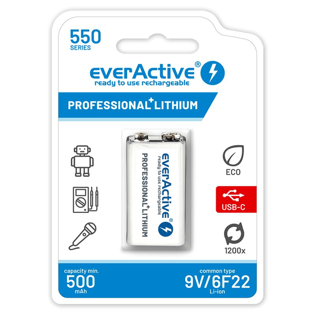EverActive 6F22/9V Li-ion 550 mAh baterija su USB TYPE C