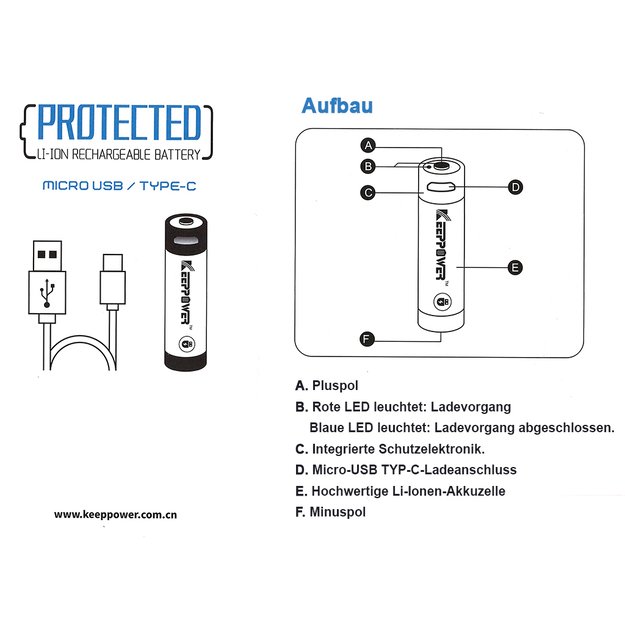 Keeppower 26650 - 5200mAh, Li-Ion 3.7V - 3.6V - PCB с защитой и USB разъемом P2652U