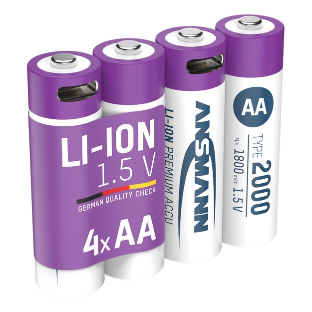 Ansmann Įkraunamos baterijos AA 1.5V 2000mAh (Li-Ion 3.26Wh) su USB-C lizdu, max iškrovimo srovė 2A, 4vnt įpakavime 