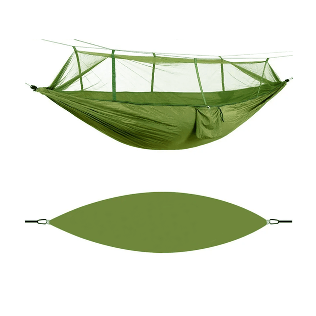 Turistinis hamakas su tinkleliu nuo uodų stovyklavimui, pakabinimo virvė, krepšys, šviesos užvalkalas