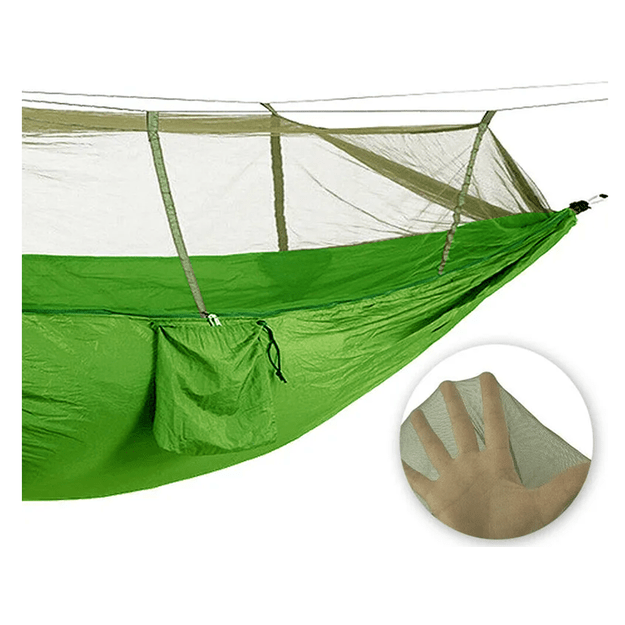 Turistinis hamakas su tinkleliu nuo uodų stovyklavimui, pakabinimo virvė, krepšys, šviesos užvalkalas