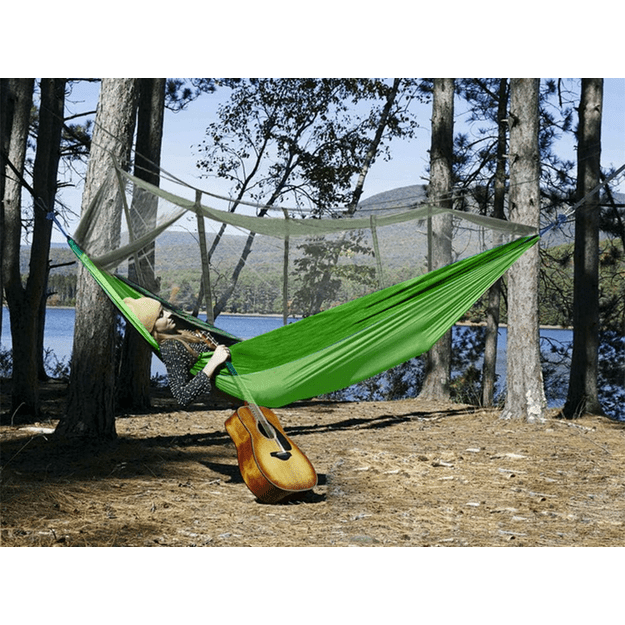 Turistinis hamakas su tinkleliu nuo uodų stovyklavimui, pakabinimo virvė, krepšys, šviesos užvalkalas