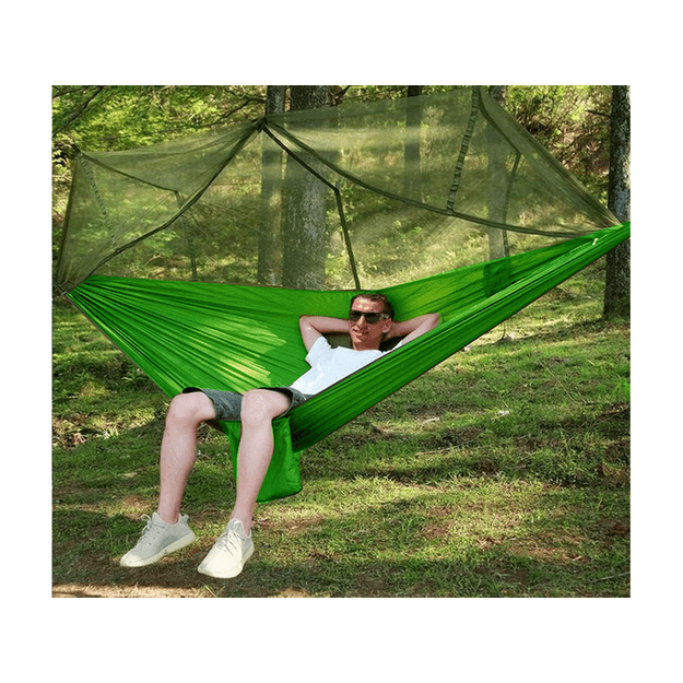 Turistinis hamakas su tinkleliu nuo uodų stovyklavimui, pakabinimo virvė, krepšys, šviesos užvalkalas