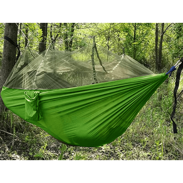 Turistinis hamakas su tinkleliu nuo uodų stovyklavimui, pakabinimo virvė, krepšys, šviesos užvalkalas