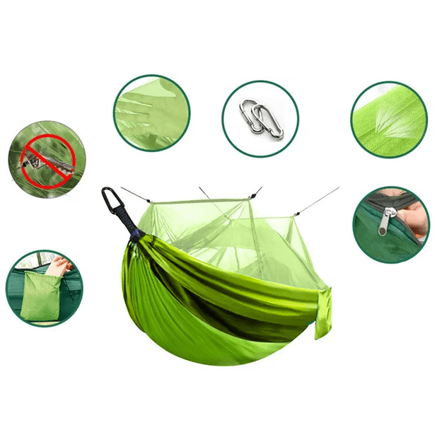 Turistinis hamakas su tinkleliu nuo uodų stovyklavimui, pakabinimo virvė, krepšys, šviesos užvalkalas