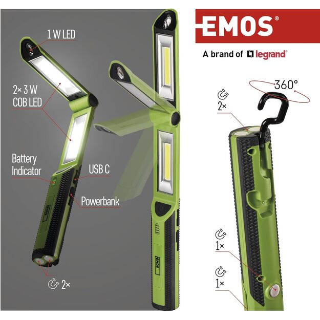 Emos įkraunamas žibintuvėlis, 670lm COB LED 2200mAh P4535
