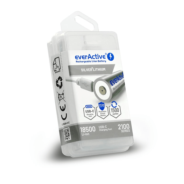 EverActive 18500 Литий-ионный аккумулятор 3,7 В, 2100 мАч USB-C с защитой BOX