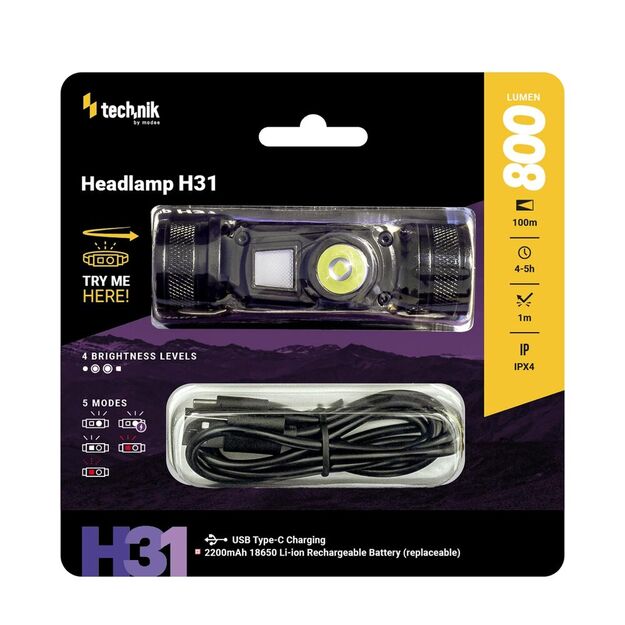 Technik žibintuvėlis H31 (įmontuotas akumuliatorius) OSRAM P9 + raudona šviesa + USB-C 800 lm