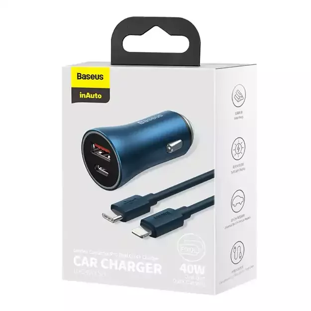 Baseus Golden Contactor Pro car charger, USB + USB-C, QC4.0+, PD, SCP, 40W (blue) + USB-C - Lightning cable 1m (blue)