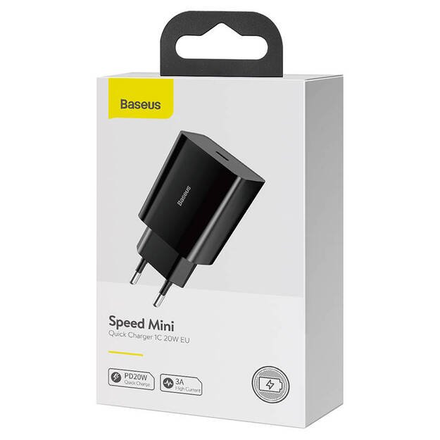 Baseus Speed Mini greitasis įkroviklis, USB-C, PD, 3A, 20W (juodas)