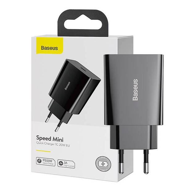 Baseus Speed Mini greitasis įkroviklis, USB-C, PD, 3A, 20W (juodas)