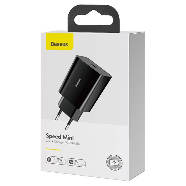 Baseus Speed Mini greitasis įkroviklis, USB-C, PD, 3A, 20W (juodas)