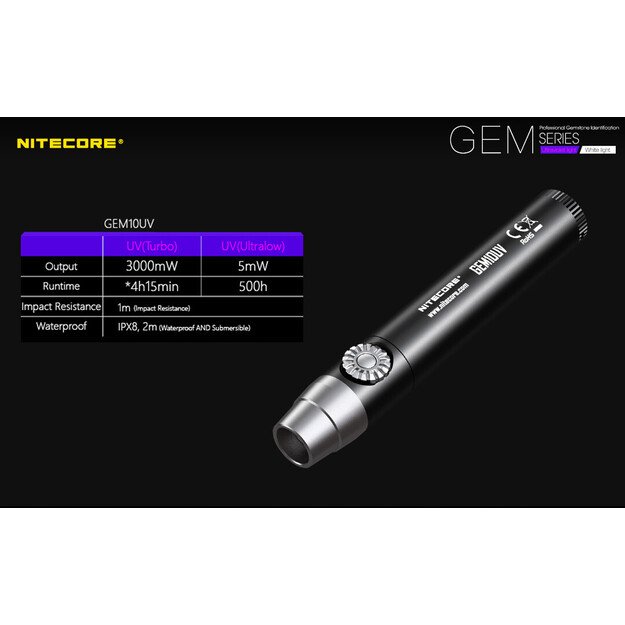 Nitecore GEM10UV UV LED žibintuvėlis su reguliuojamu ryškumu brangakmenių atpažinimui
