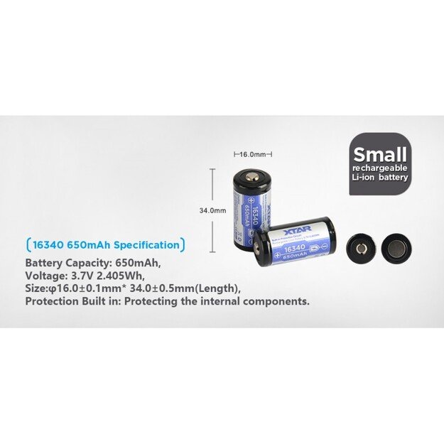 XTAR 16340 CR123 650mAh 3.7V pakraunama baterija