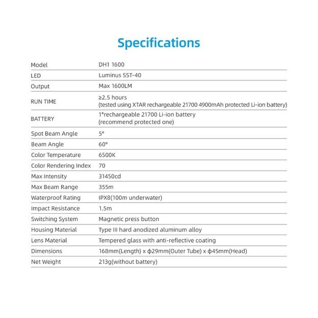 XTAR Hunter DH1 1600 diving flashlight 1600lm