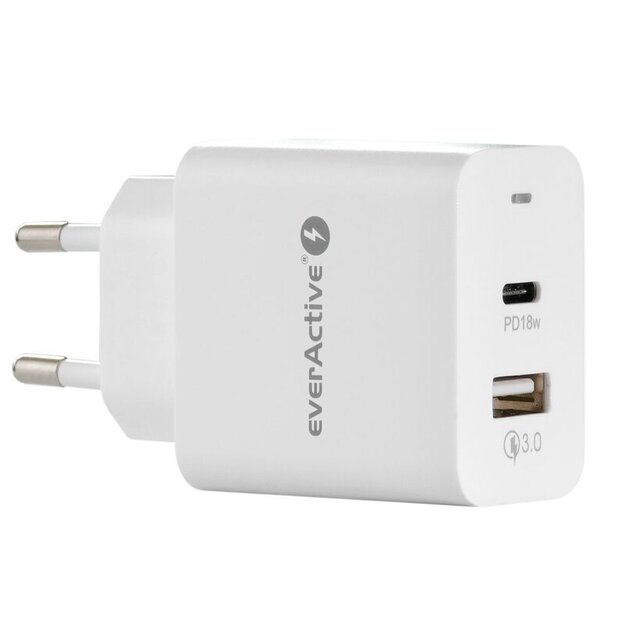 EverActive 5-12V USB QC 3.0 ir USB-C PD 18W įkroviklis SC-350