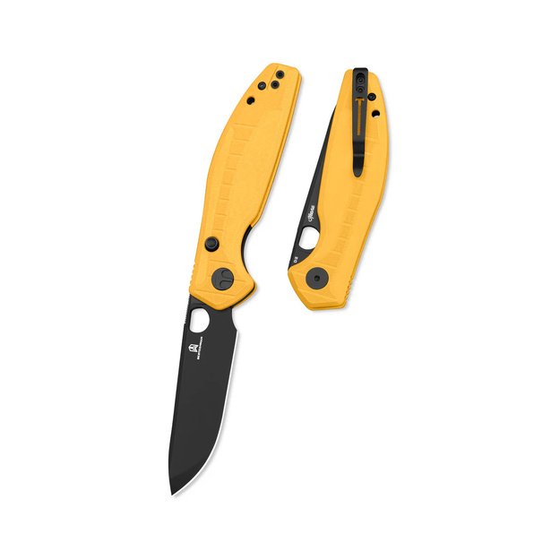 Bestechman Angry Owl folding knife Yellow G10, Black PVD D2 by Keanu Alfaro (BMK12A-2)