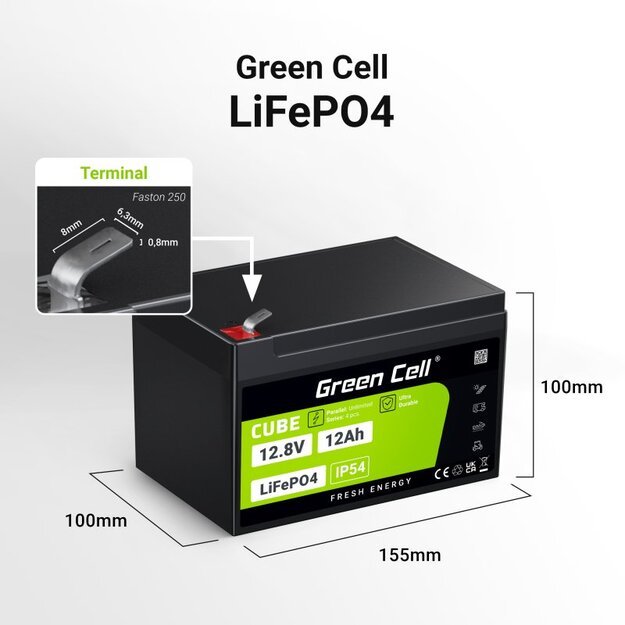 Green Cell LFPGC12V12AH UPS LiFePO4 akumuliatorius 12,8 V 12 Ah