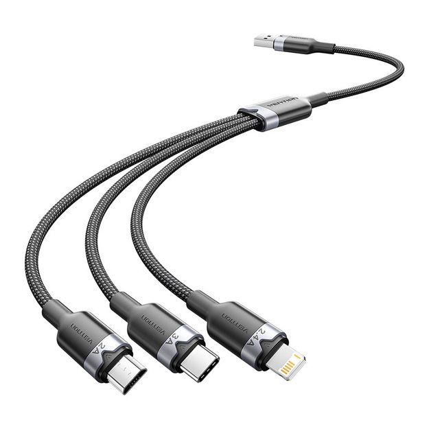 USB 2.0 A male to 3-in-1 USB-C, Lightning and Micro-B male cable Vention 3A CTPBG 1.5m