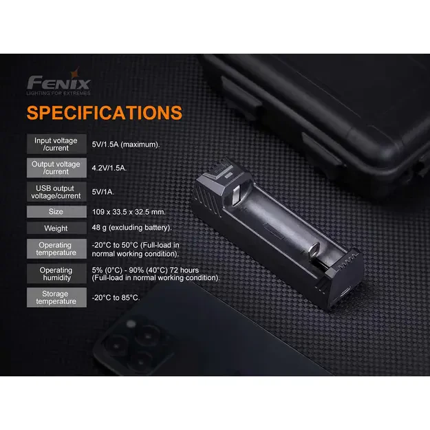 Fenix ARE-X1 V2.0 Single-Slot Charger for 18650, 21700, and 26650 Batteries