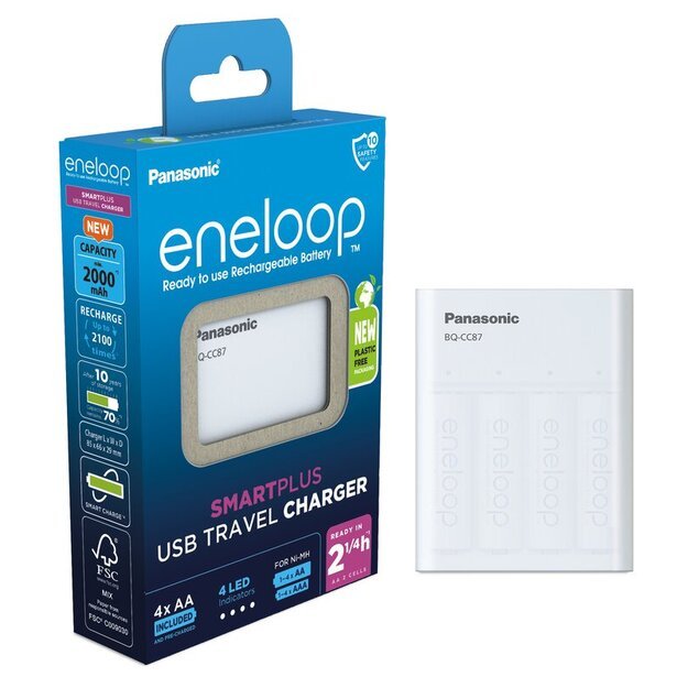 Panasonic Eneloop BQ-CC87 įkroviklis / išorinė baterija + 4 x R6/AA Eneloop 2000mAh Ni-MH BK-3MCDE