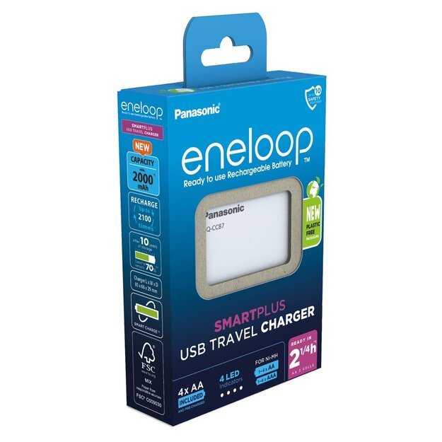 Panasonic Eneloop BQ-CC87 įkroviklis / išorinė baterija + 4 x R6/AA Eneloop 2000mAh Ni-MH BK-3MCDE
