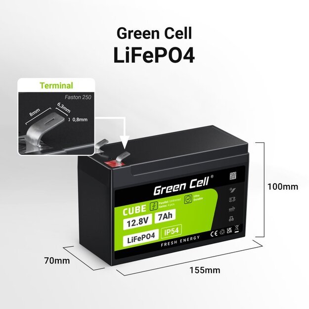 Green Cell CUBE LiFePO4 Аккумулятор 7Ач 12.8В 89.6Втч