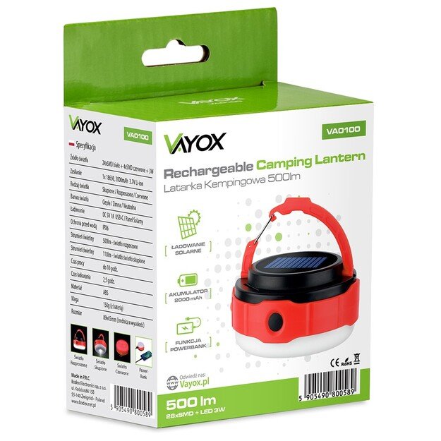 Vayox įkraunamas kempingo žibintuvėlis 500lm su saulės baterija VA0100