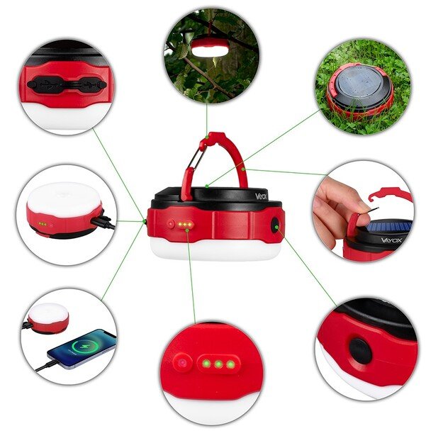 Vayox įkraunamas kempingo žibintuvėlis 500lm su saulės baterija VA0100