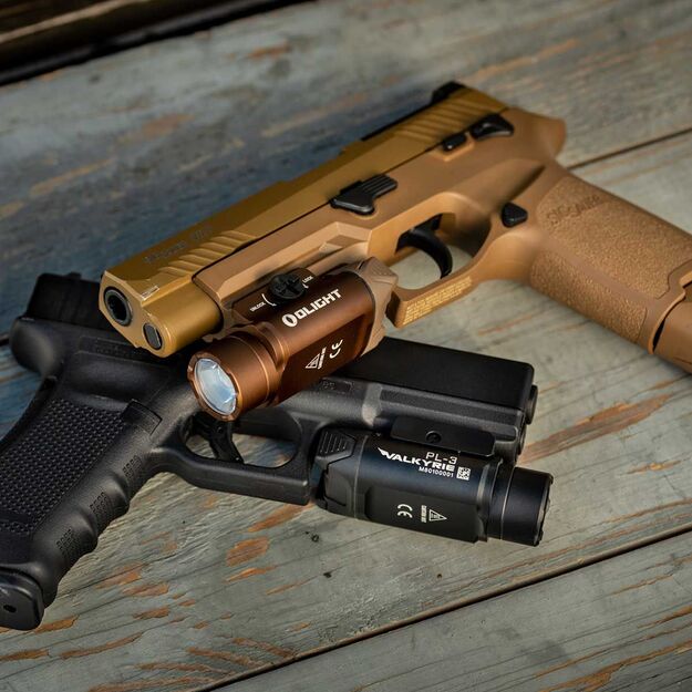 Olight PL-3 Valkyrie prožektorius ant pistoleto, desert tan