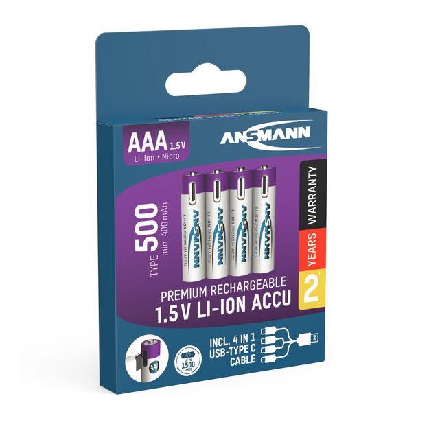 ANSMANN Įkraunamos baterijos AAA 1.5V 500mAh ( Li-Ion 0.74Wh) su USB-C lizdu, 4vnt įpakavime 