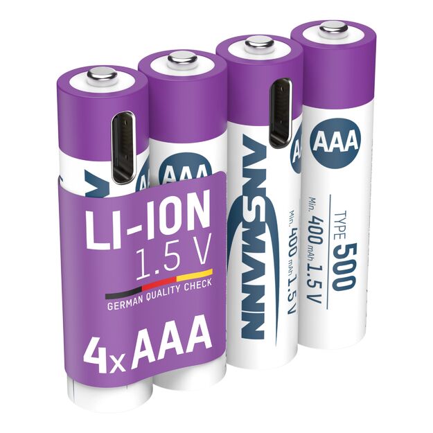 ANSMANN Įkraunamos baterijos AAA 1.5V 500mAh ( Li-Ion 0.74Wh) su USB-C lizdu, 4vnt įpakavime 
