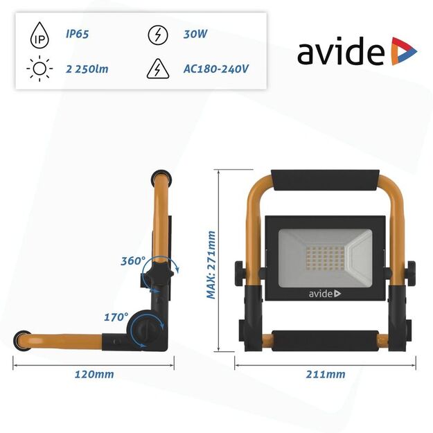 Avide LED floodlight 30W 220V cable 1,5m