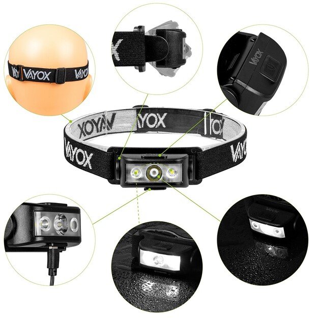 Vayox Įkraunamas žibintuvėlis ant galvos 100lm LED + 2xLED VA0174