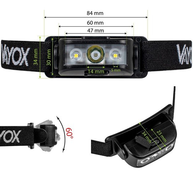Vayox Įkraunamas žibintuvėlis ant galvos 100lm LED + 2xLED VA0174