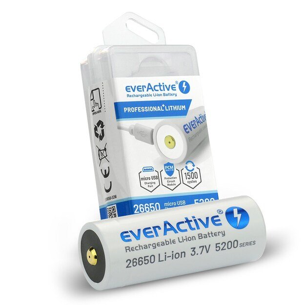 everActive 26650 3.7V Li-ion 5200mAh micro USB battery with protection