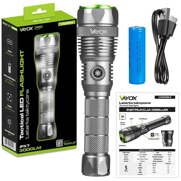 Vayox Pro Series Tactical Flashlight 3000lm IPX7 30W LED SMD VA0364