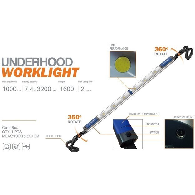 LED lempa darbui COB po mašinos variklio dangčiu, įkraunamas