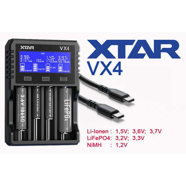 Xtar VX4 – universalus įkroviklis 1,5V; 3,6 - 3,7 V ličio jonų; 3,2 V LiFePO4 ir 1,2 V Ni-MH baterijos