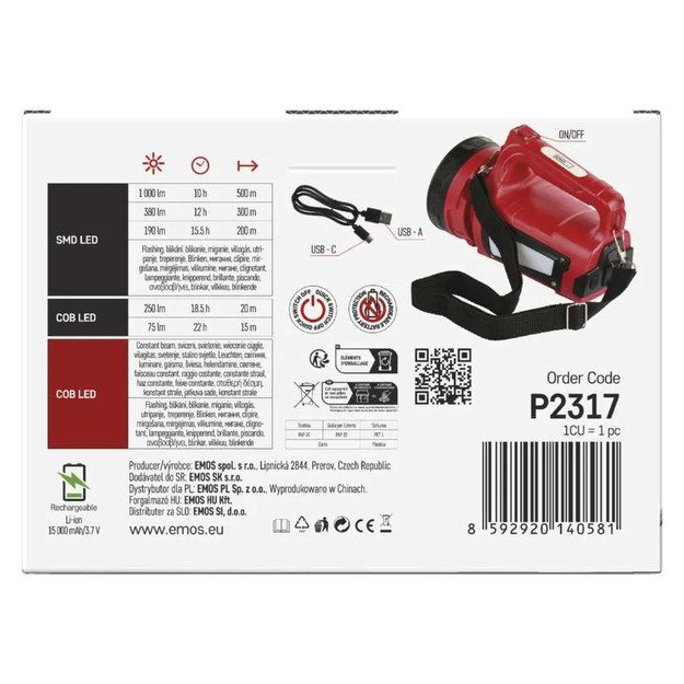 Įkraunamas LED žibintas EMOS 1000lm 15000mAh, P2317