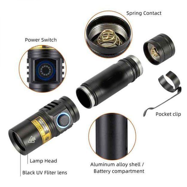 Infinio SLIM UV-38 LED 5W UV flashlight 18650 Li-Ion battery 2Ah