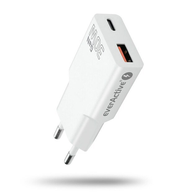 EverActive GaN SUPER SLIM SC-380Q sieninis įkroviklis su USB QC3.0 ir USB-C PD 30W lizdu