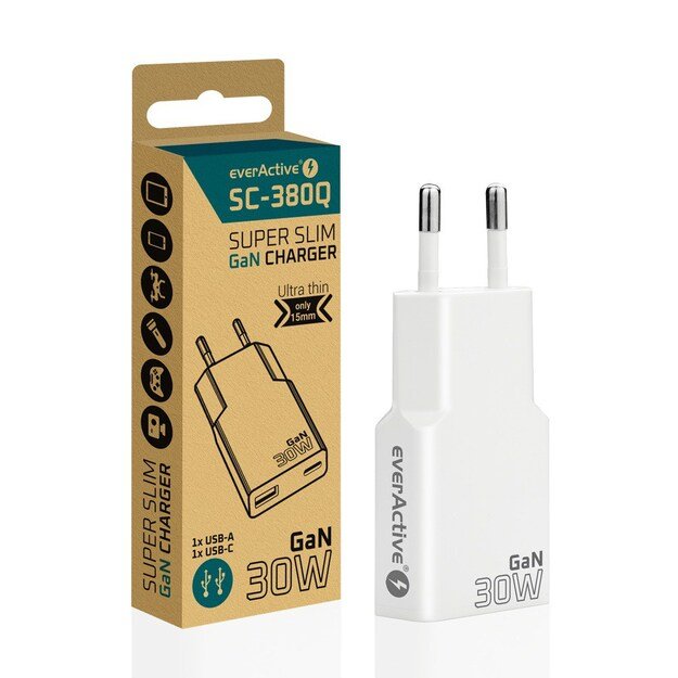 EverActive GaN SUPER SLIM SC-380Q sieninis įkroviklis su USB QC3.0 ir USB-C PD 30W lizdu