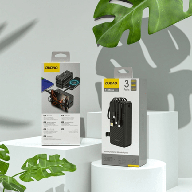 Dudao K11 Max 30000mAh išorinė baterija su įmontuotais laidais – juoda